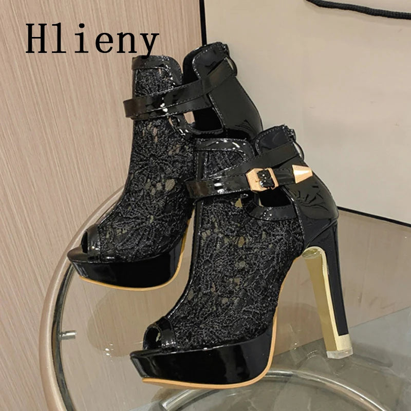 Hlieny Autumn Sexy Mesh Fabric Platform High Heels Boots Sandals Women Peep Toe Nightclub Party Stiletto Female Shoes