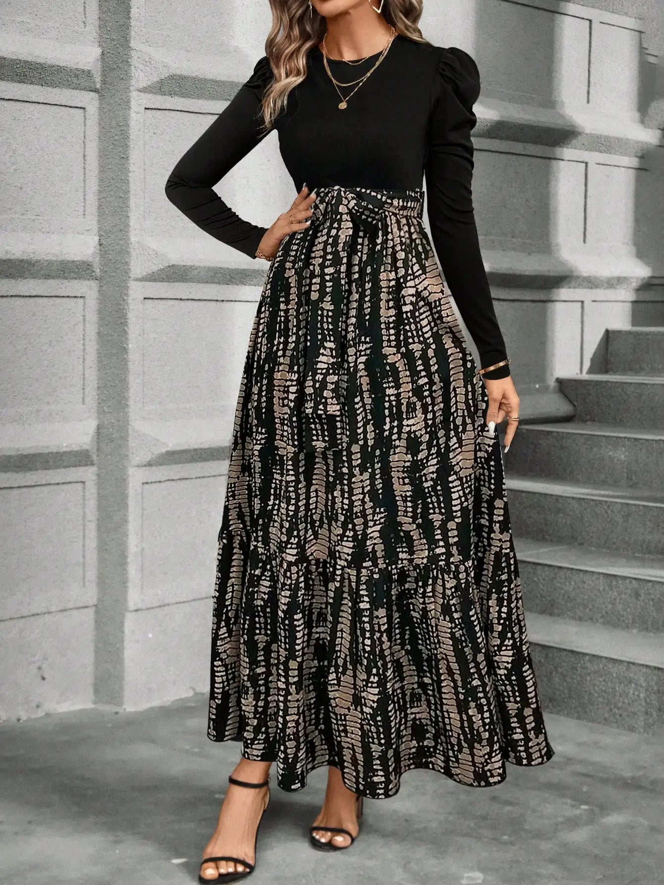 Spring and summer color combination high-waisted flower print dress woman elegant