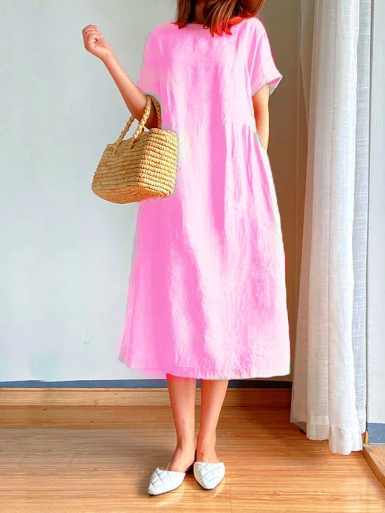New in Spring Summer Women's Dress Elegant Casual Loose Short Sleeve Tops A-LINE Oversize Solid Midi Dresses for Women Clothing
