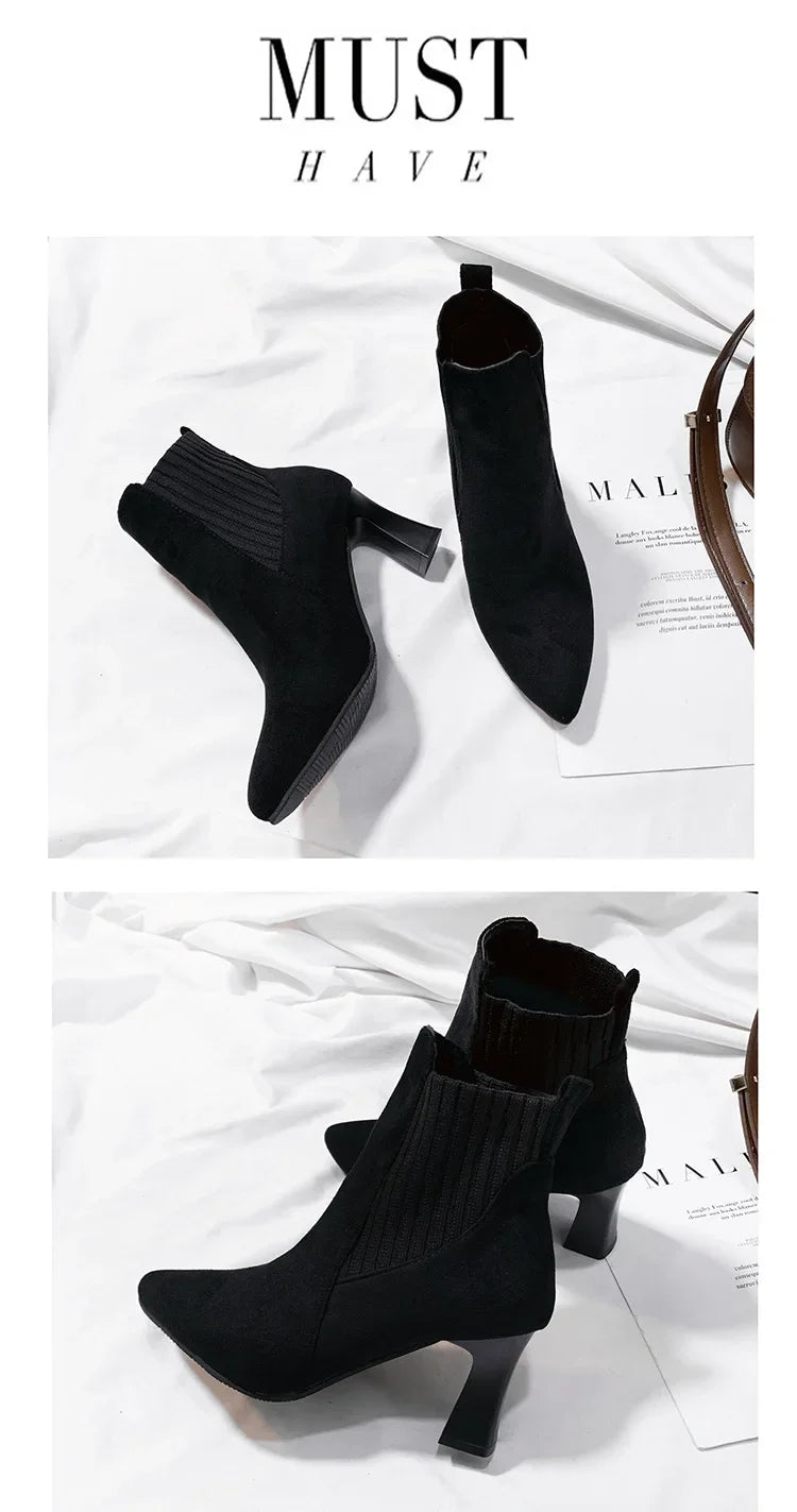 Ankle Boots Women 2024 Autumn Pointed Toe Knitted Warm Elastic Women's Shoes Casual High Heels Platform Boots Botas De Mujer