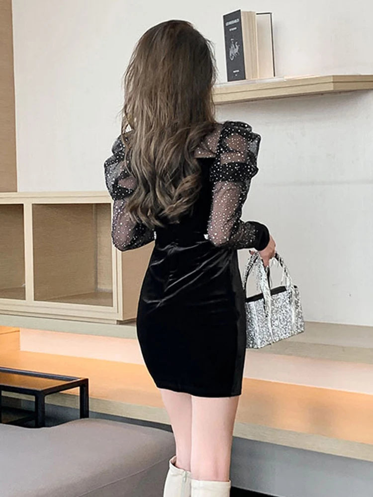 Spring Women Mini Dress French Court Retro Black Mesh Patcchwork Appliques Flower Puff Long Sleeve Bag Hip Vestidos Para Mujer