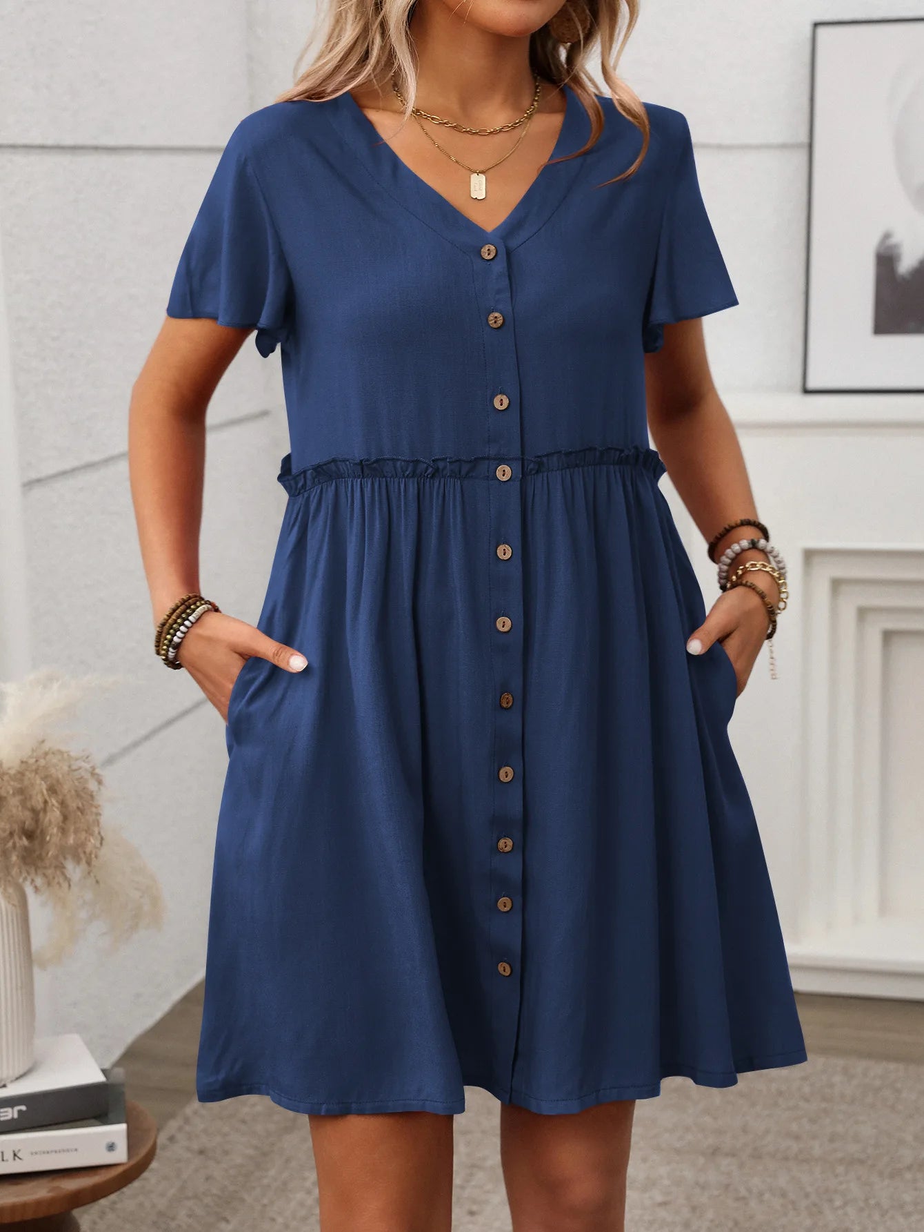 Spring Summer Button Down Dress Flutter Sleeve Cotton Linen A Line Dress With Pockets Beach Summer Knee Length Dresses For Women