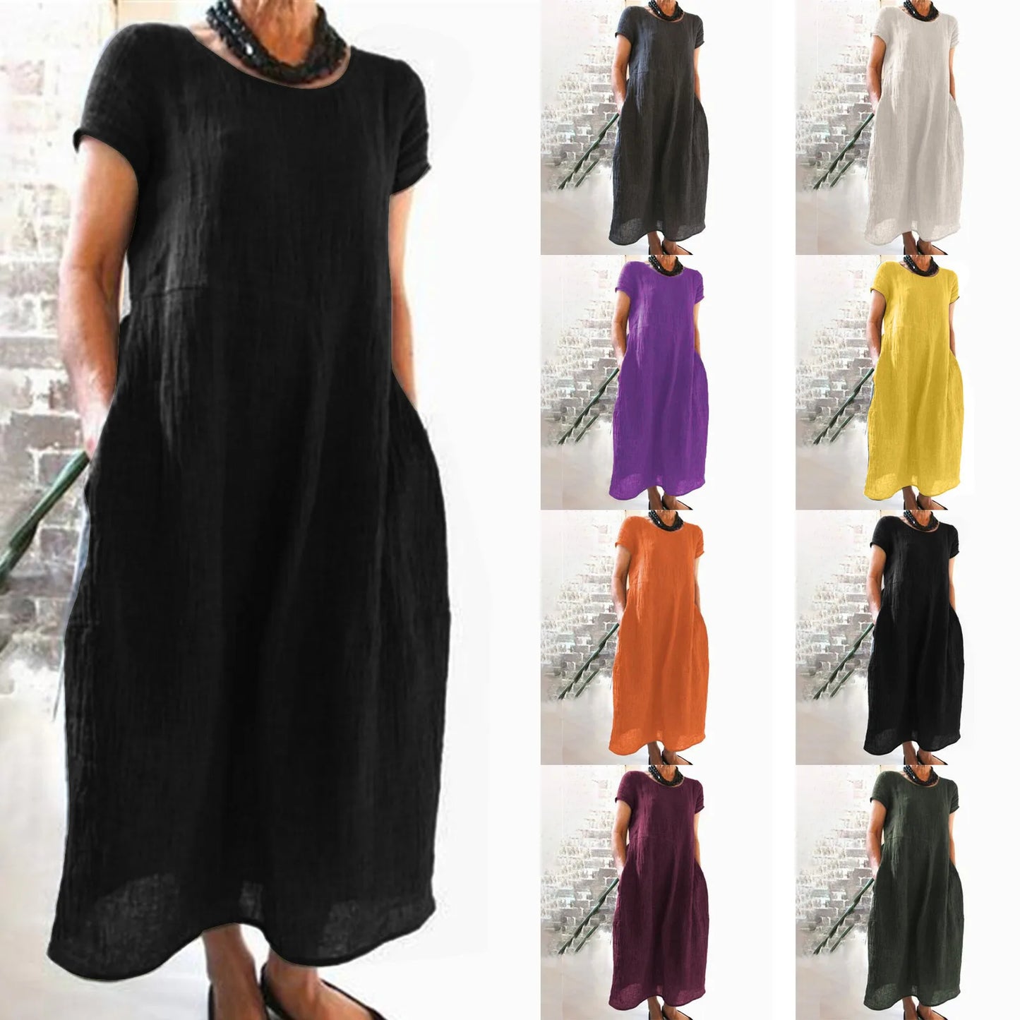 Spring Summer Woman Long Dress Office Lady Fshion Casual Loose Solid O-neck Short Sleeve Dresses For Women 2024 Female Robe