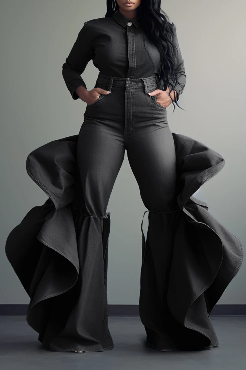 Plus Size Fashionable Women's Blue Jeans High Waist Ruffle Flared Casual Pink Denim Pants Spring Black Skinny Pants