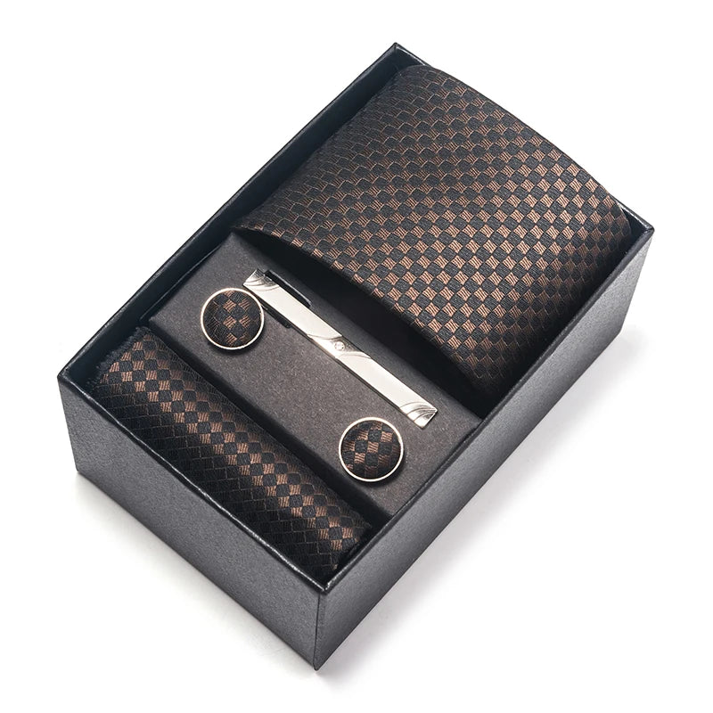 Luxury Brand 8 cm Tie Handkerchief Cufflink Clip Set For Men Wedding Gravata Suit Accessories Holiday Gift Box