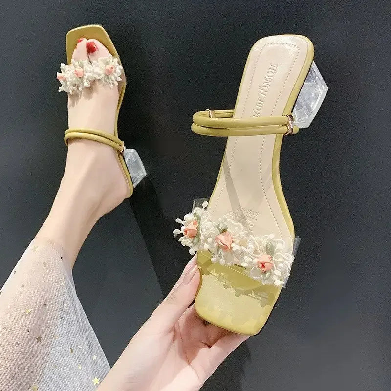 Roman Fresh Women's Sandals Summer 2024 New Style Two-wear High-heel Flip Flops Floral Thick Sole Clip-on Dress Shoes