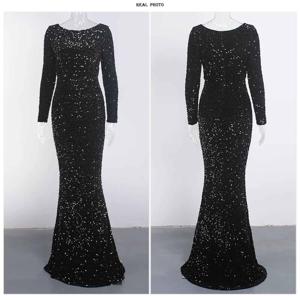 Romagic Elegant Women Modest Stretch Sequin Royal Blue Wedding Prom Gown Long Sleeves Mermaid Formal Evening Party Dress 2025