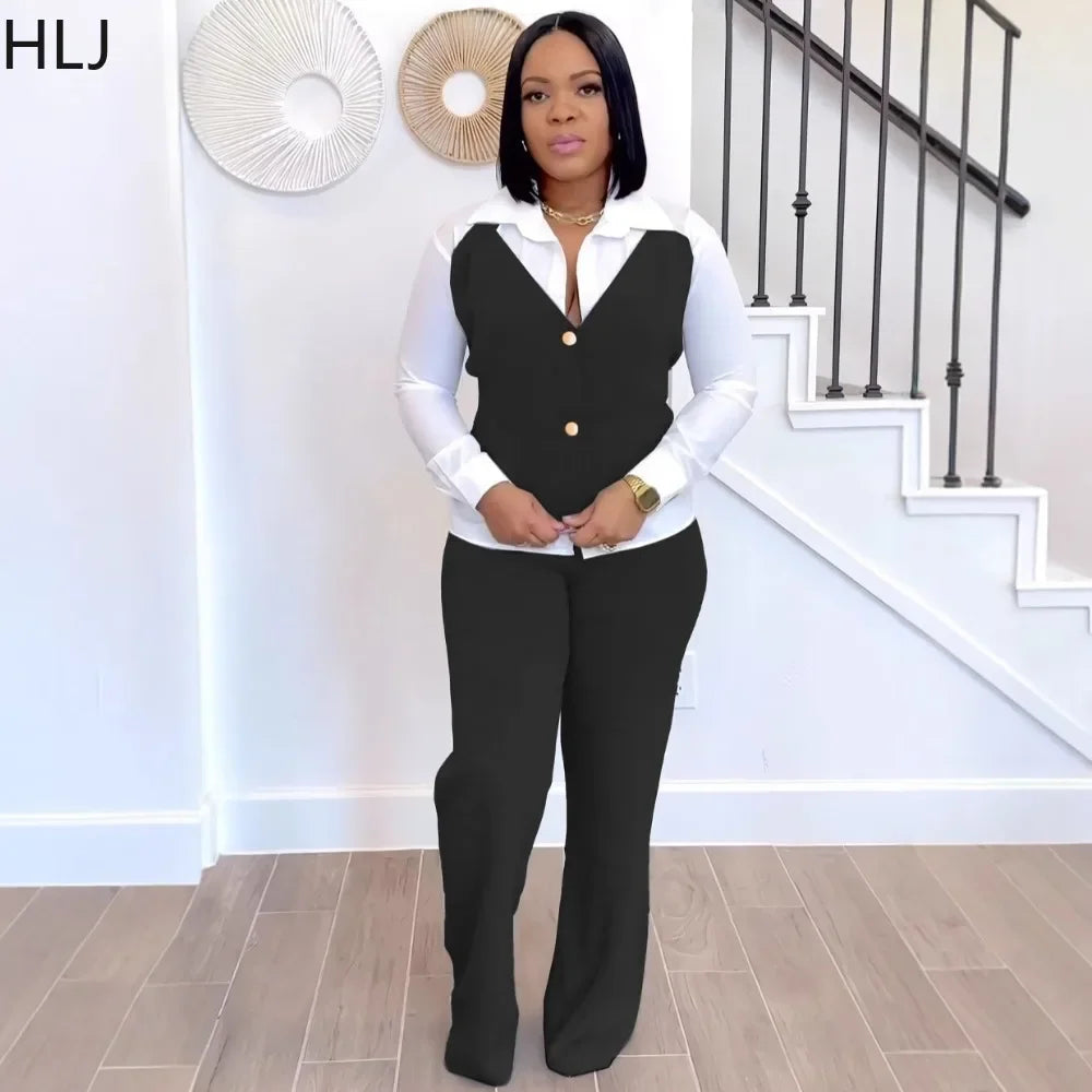 HLJ Elegant Lady Patchwork Shirts Two Piece Sets Women Lapel Long Sleeve Button Top And Pants Outfits Autumn OL 2pcs Clothing