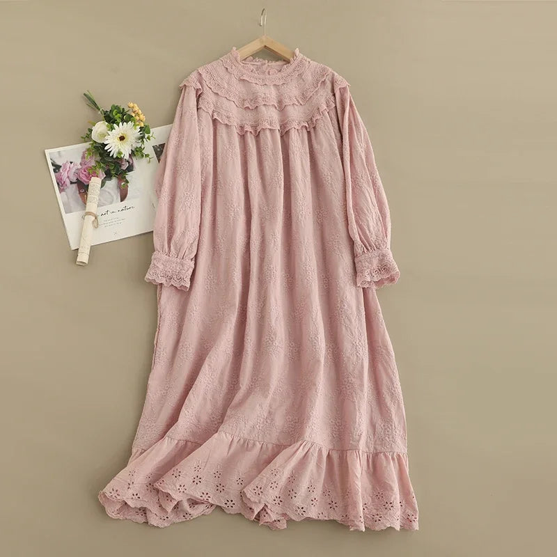 Spring Sweet Mori Girl Hollow Out Embroidered Dress Women Harajuku Long Sleeve Casual Midi Dresses