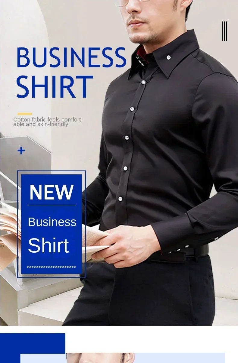 Men's Dress Shirt Autumn Spring Long Sleeve Business Blue Casual Shirts Female Coat Slim-fit Non-ironing Solid Color Black