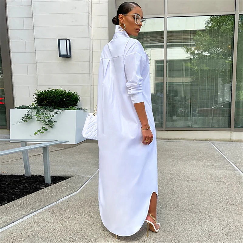 Spring Summer Long Sleeve Shirt Dress Women Turn-down Collar Button Up Straight Maxi Dress Loose Casual Long Dresses Vestidos