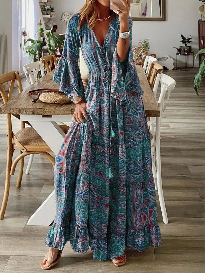 Spring Autumn Fashion Women's Dress Bohemian Style Retro Printed V-neck High Waist Bell Sleeve Loose Casual Floral Long Dress