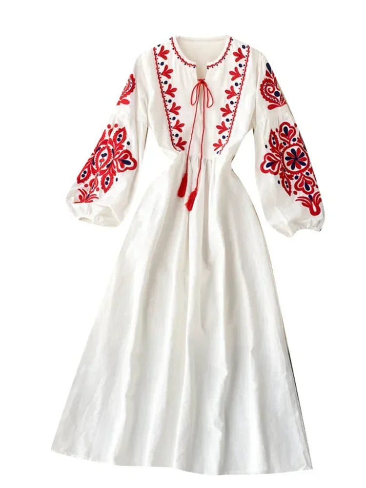 Spring Autumn Women Dresses Bohemian Embroidered Flower O-Neck Lantern Sleeve High Waist Dress All-match Female Vestidos PL393