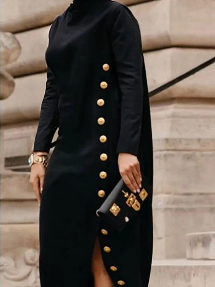 Yeezzi Women's Fashion Buttoned Split-Side High Neck Evening Black Dress 2025 New Long Sleeves Loose Urban Office Maxi Dresses