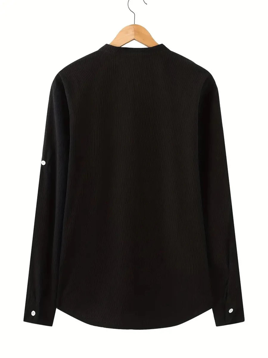 Men's Spring Shirts Solid Color Casual Henry Neck Long Sleeve Outdoor Simple Male Waffle top Thin Button Tops