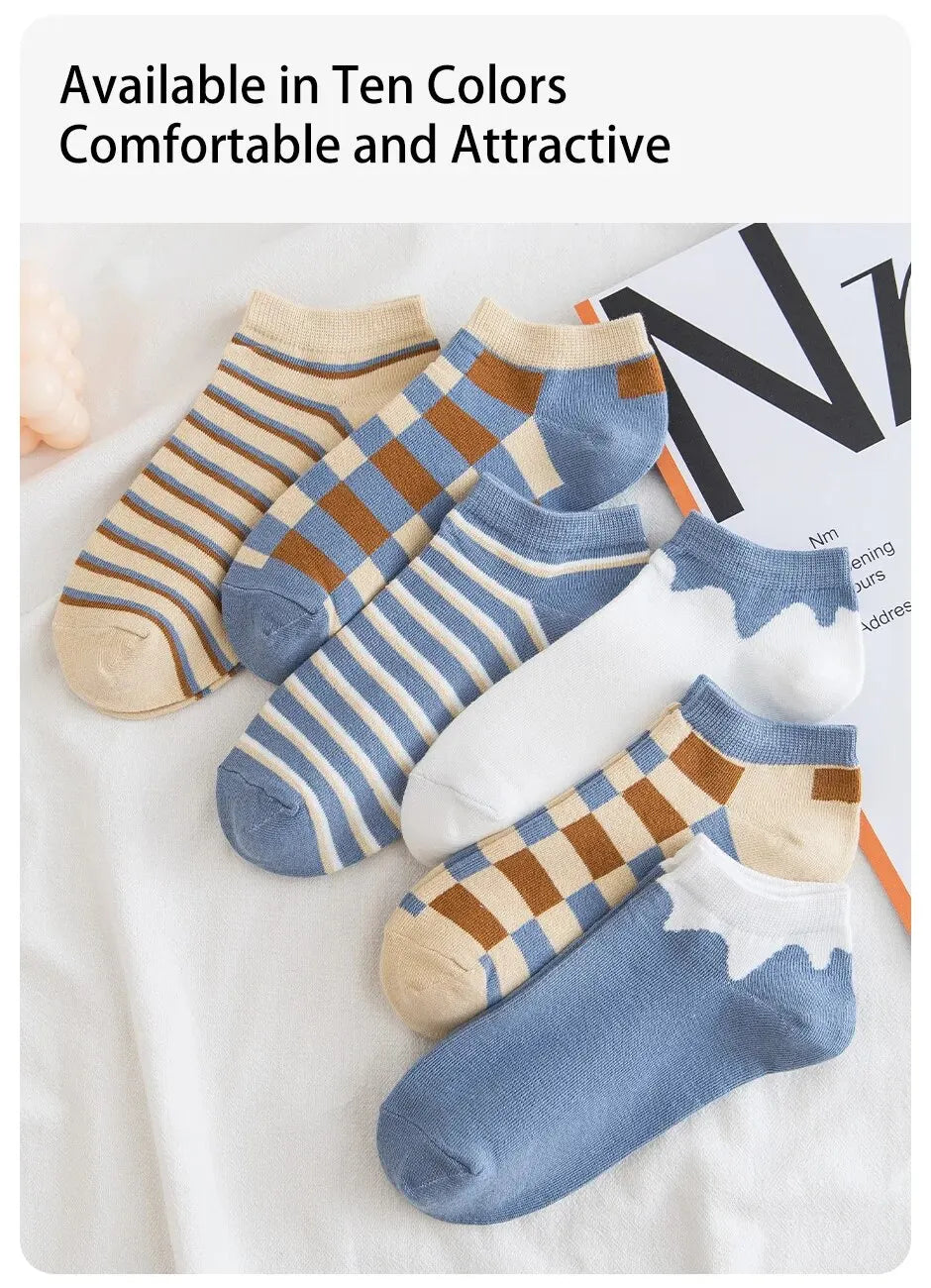 6 Pairs of Women's Spring and Summer Four Season Striped Plaid Fashion Trend Simple and Comfortable Sports Style Socks