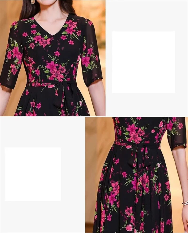 Womens Dresses Fashion Summer Dresses 2024 Summer Senior red Print Dress Long Loose Temperament Waist Loose Big Swing Dress