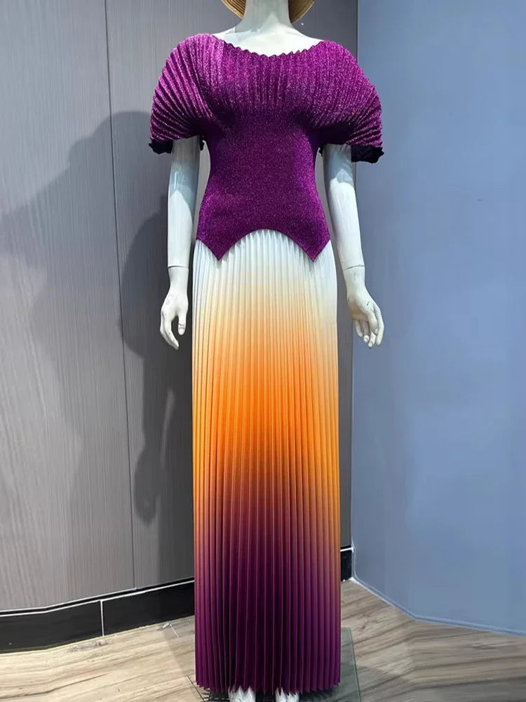 ANLAN Pleated 2 Pieces Set Women Fashion V Neck Short Batwing Sleeves Irregular Hem T-shirt&New Gradient A-line Folds Long Skirt