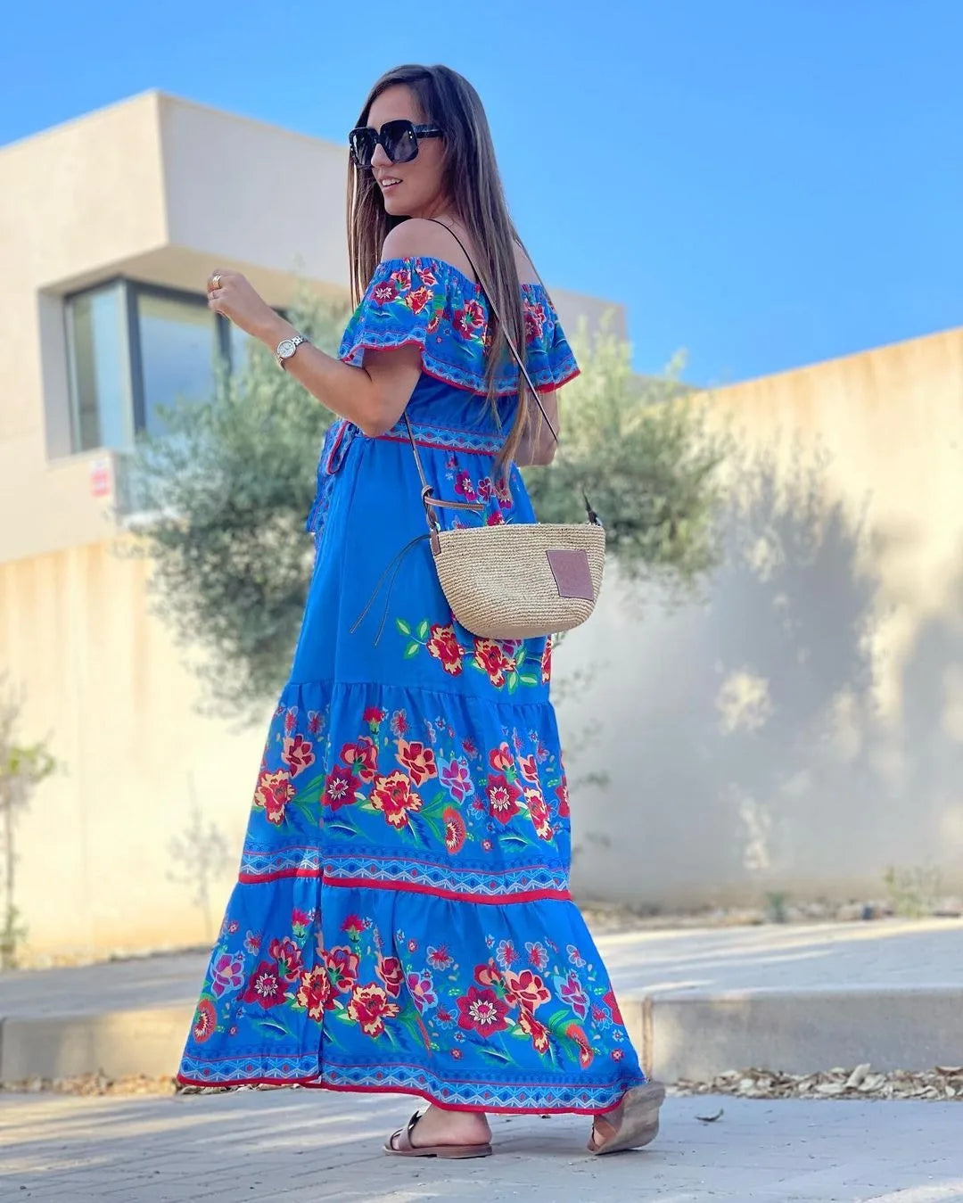 2024 Spring Summer Women's New Sexy One Shoulder Off Shoulder Fashion Red Flower Printed Lace Up Waist Long Swing Dress