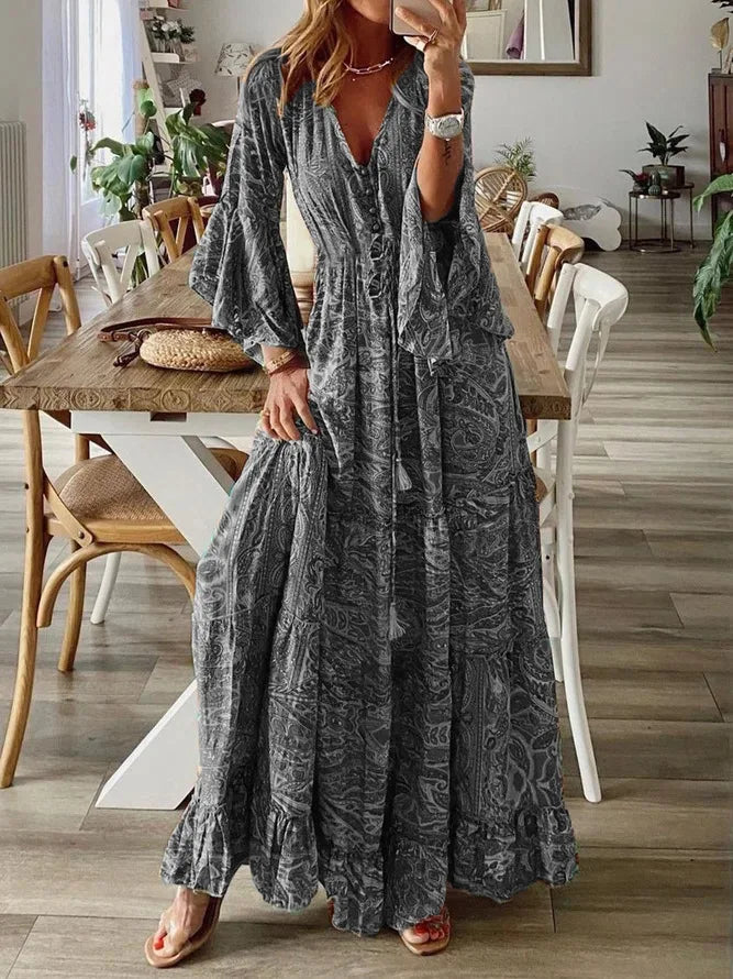 Spring Autumn Fashion Women's Dress Bohemian Style Retro Printed V-neck High Waist Bell Sleeve Loose Casual Floral Long Dress