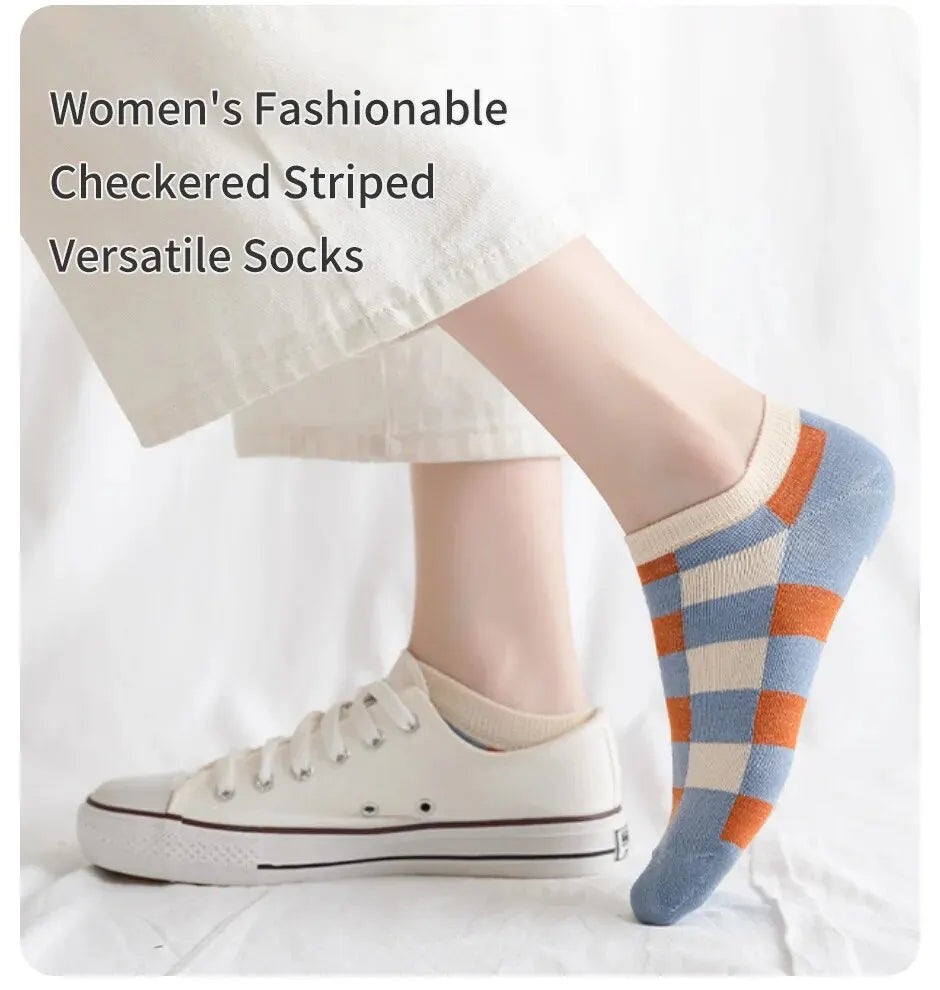 6 Pairs of Women's Spring and Summer Four Season Striped Plaid Fashion Trend Simple and Comfortable Sports Style Socks