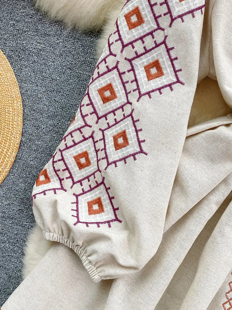 Women's Spring Dress Bohemian Retro Ethnic Style Diamond Cotton Linen Blend Embroidered Lantern Sleeves Mini Dress DS003
