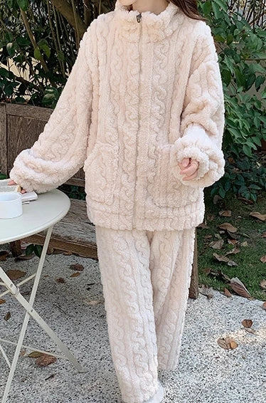 Thickened Warm 2Pcs Pajamas Set Jacquard Textured Stand Collar Zip Up Fuzzy Teddy Top & Pants Set Striped Nightwear Loungewear