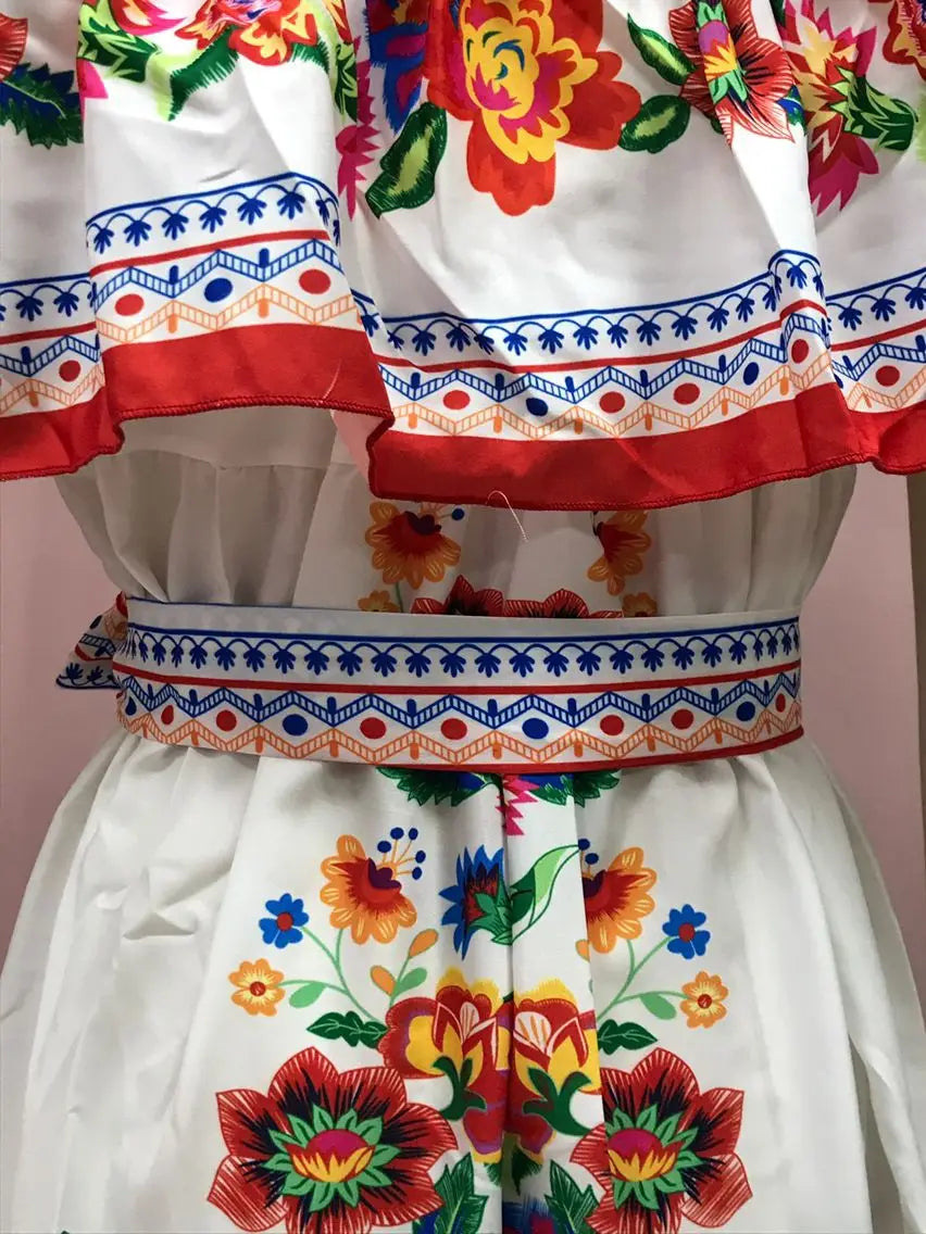 2024 Spring Summer Women's New Sexy One Shoulder Off Shoulder Fashion Red Flower Printed Lace Up Waist Long Swing Dress