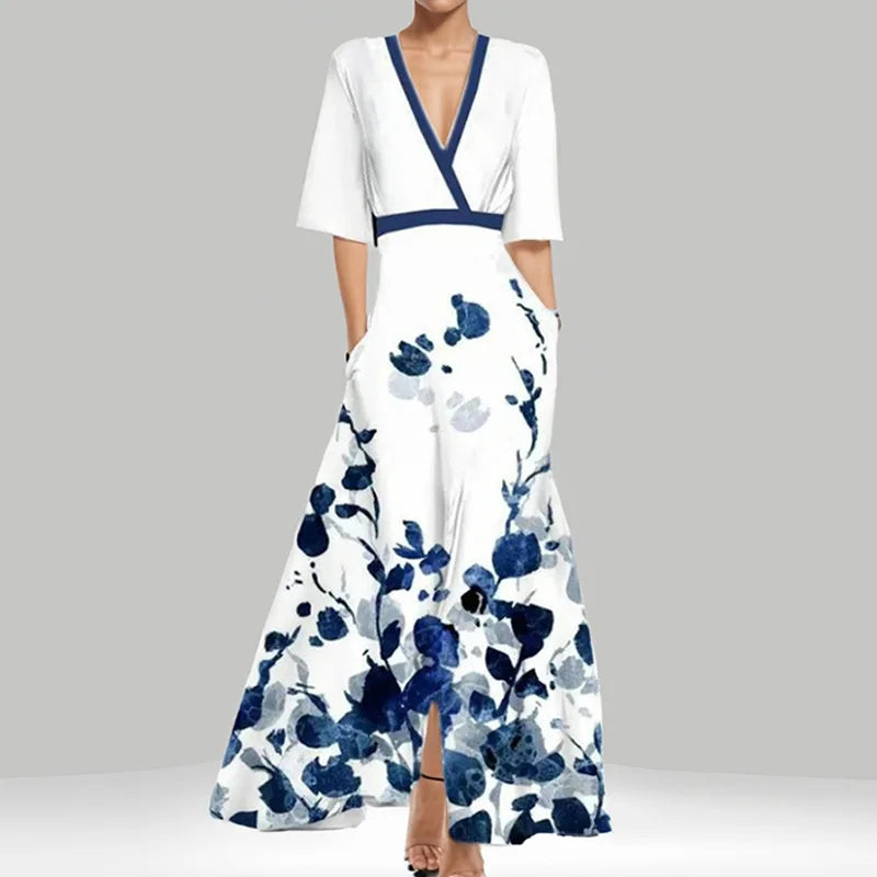 Spring Summer Women Fashion V Neck Belted Party Long Dress Sexy Printing Boho Maxi Dresses Short Sleeve Pocket Femlae Holiday