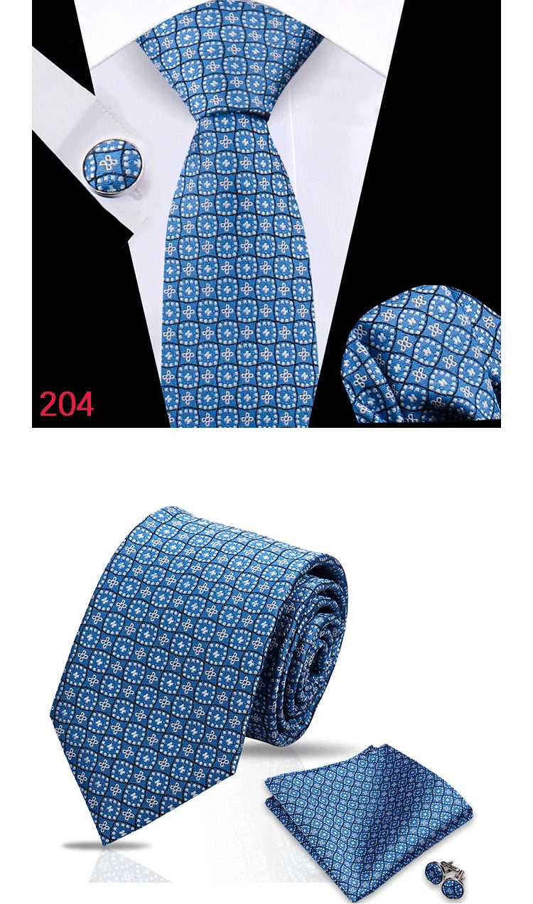 Luxury Plaid Tie For Mens Necktie Handkerchief Pocket Square Cufflinks Set Jacquard Woven Ties Wedding Business Accessories