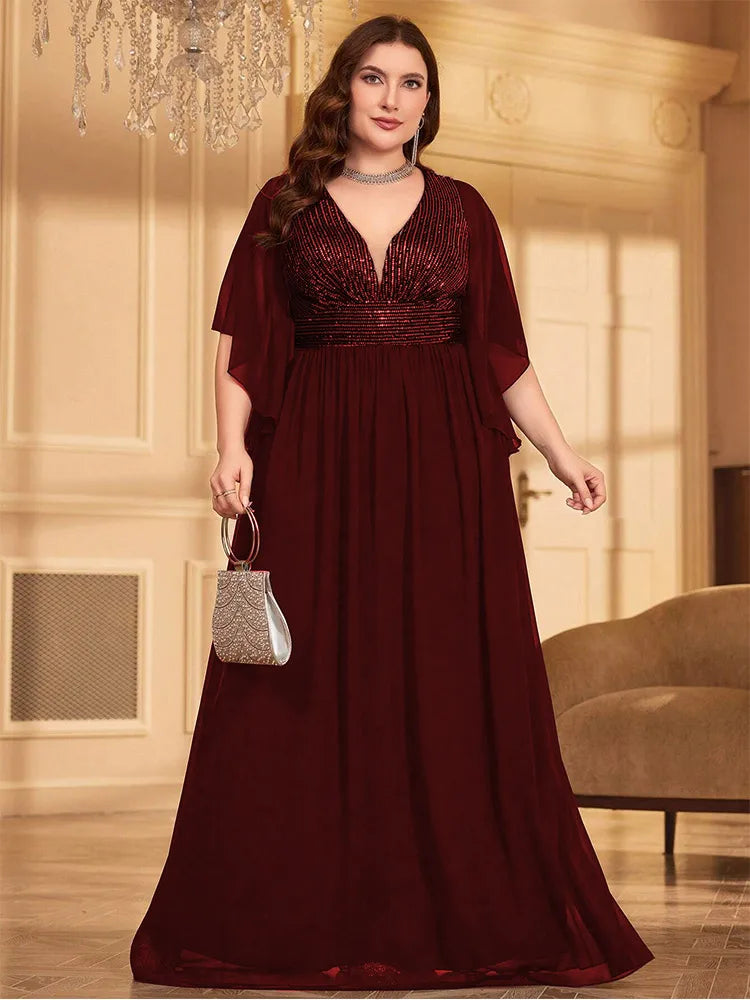 Plus Size V-Neck Black Short-Sleeved Chiffon Summer Evening Dress Bigsize Black Chiffon Floor-Length Bridesmaid Evening Dress