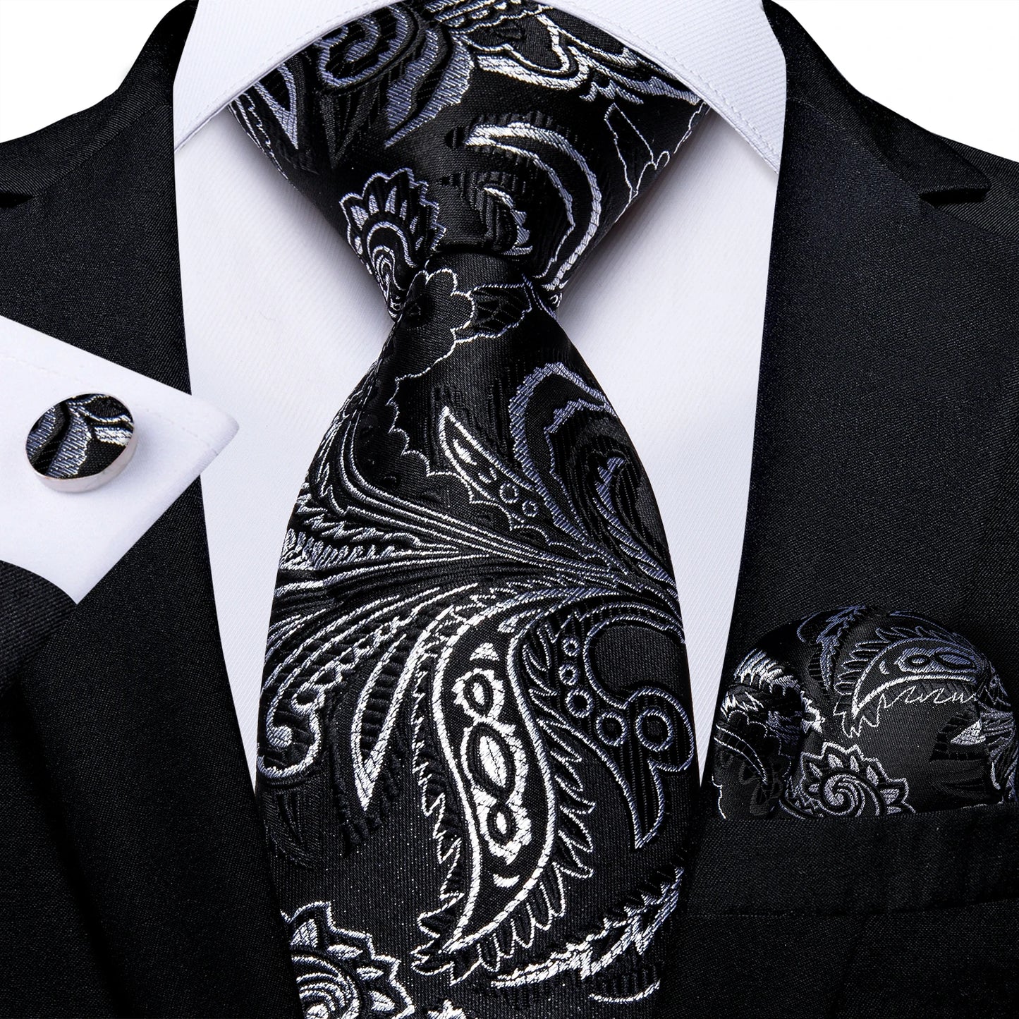 Men's Black Ties Handkerchief Cufflinks Business Formal Floral Striped Solid 8cm Necktie Gift for Husband Wedding Accessories