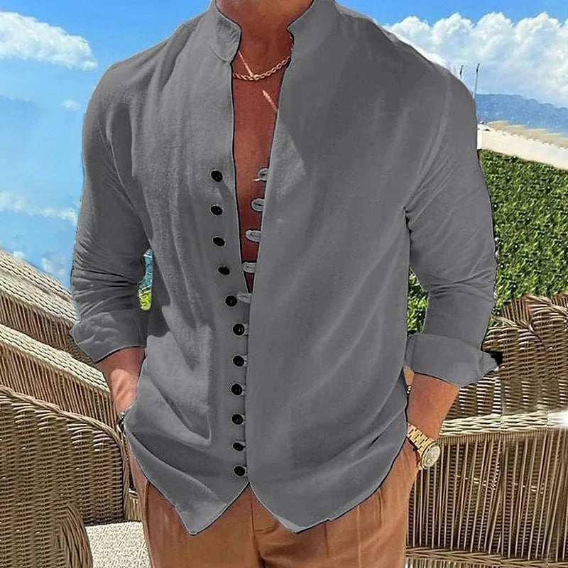 Spring and autumn new men comfortable retro cotton linen casual shirt loose trend fashion high quality multi-button long sleeve
