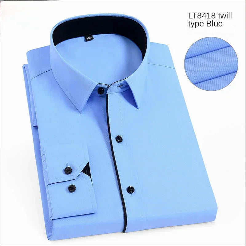 Spring and Autumn Men Dress Shirt Long Sleeve Trim Business Casual Solid Color Shirt Slim Fit White Base Layer Shirt for Male