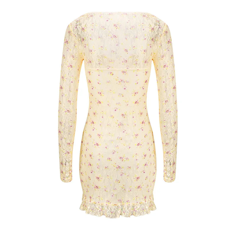 Spring Women Mini Dresses Sexy Lace Print See Through Dresses Fashion Long Sleeves Casual Slim Elegant Female Club Party Dress