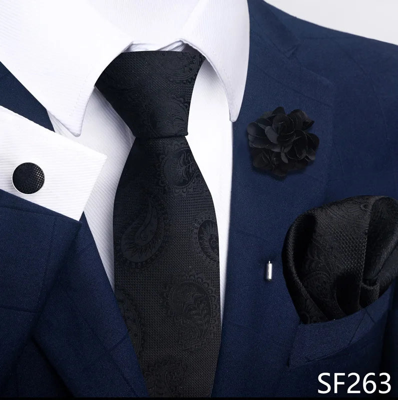 Luxury Mens Ties Floral Black Gold Ties Paisley NeckTie Pocket Square Cufflinks Brooch Set Men's Wedding Party Tie