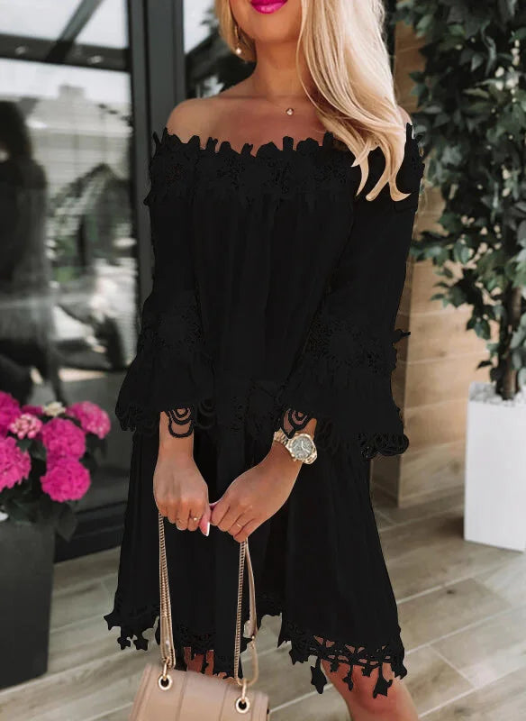 Spring Autumn New Women Sexy Strapless One Shoulder Solid Color Dinner Dresses Fashion Lace Lace Casual Loose Party White Dress