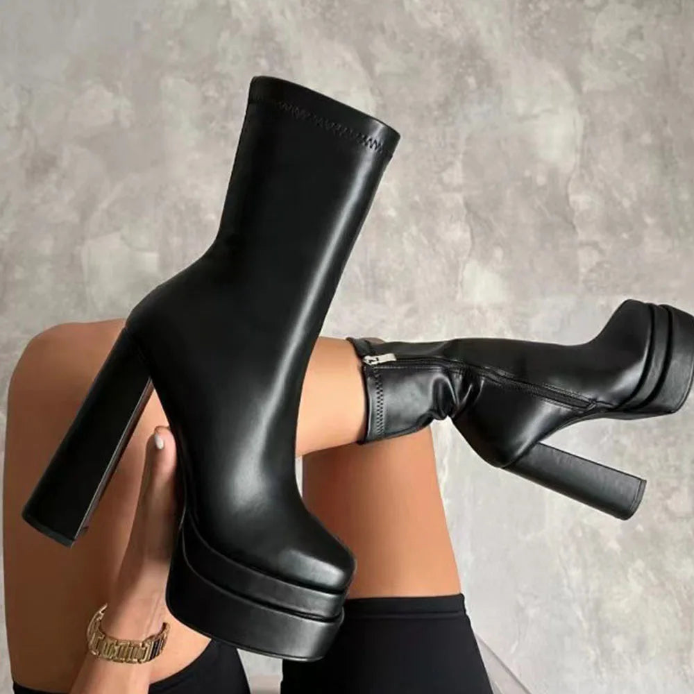 DoraTasia INS street Snap Charming Round Head Platform Chunky Heel Women's Mid-calf Boots Punk Combat Side Zipper Boots Woman