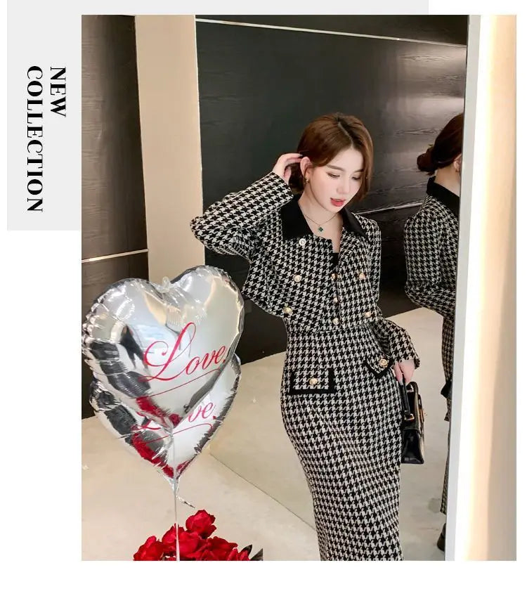 Spring Autumn New Dress Set Women Turn-down Collar Long Sleeve Button Patchwork Cardigan Elegant Slim All-match Slip Dresses