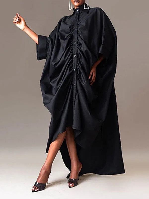 Freeacy Women's Personalized Dresses 2025 Spring Fashion Solid Color Pleated Shirt Dress Long Sleeves Loose Fit Party Dress