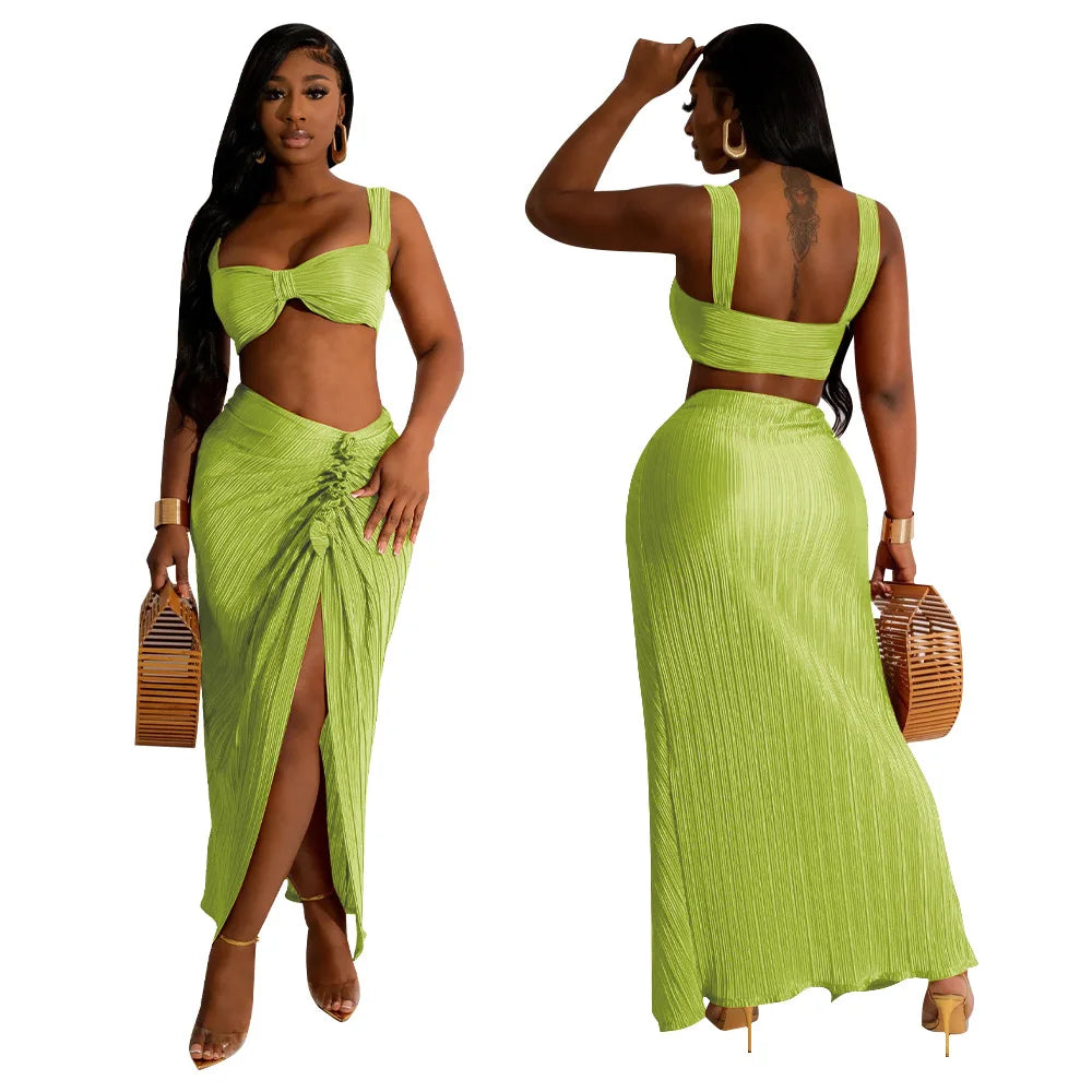 Summer Dresses for Women Two Pieces Set Sexy Backless Halter Top and High Waist Side Slit Pleated Skirt Matching Lady Streetwear