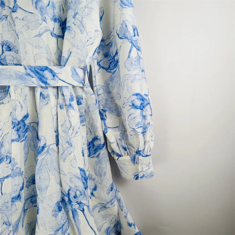 Lightweight Blue Printed Dress with Lace-up Waist Shirt Collar Ruffle 25 Spring and Summer New Style Dresses for Women Elegan