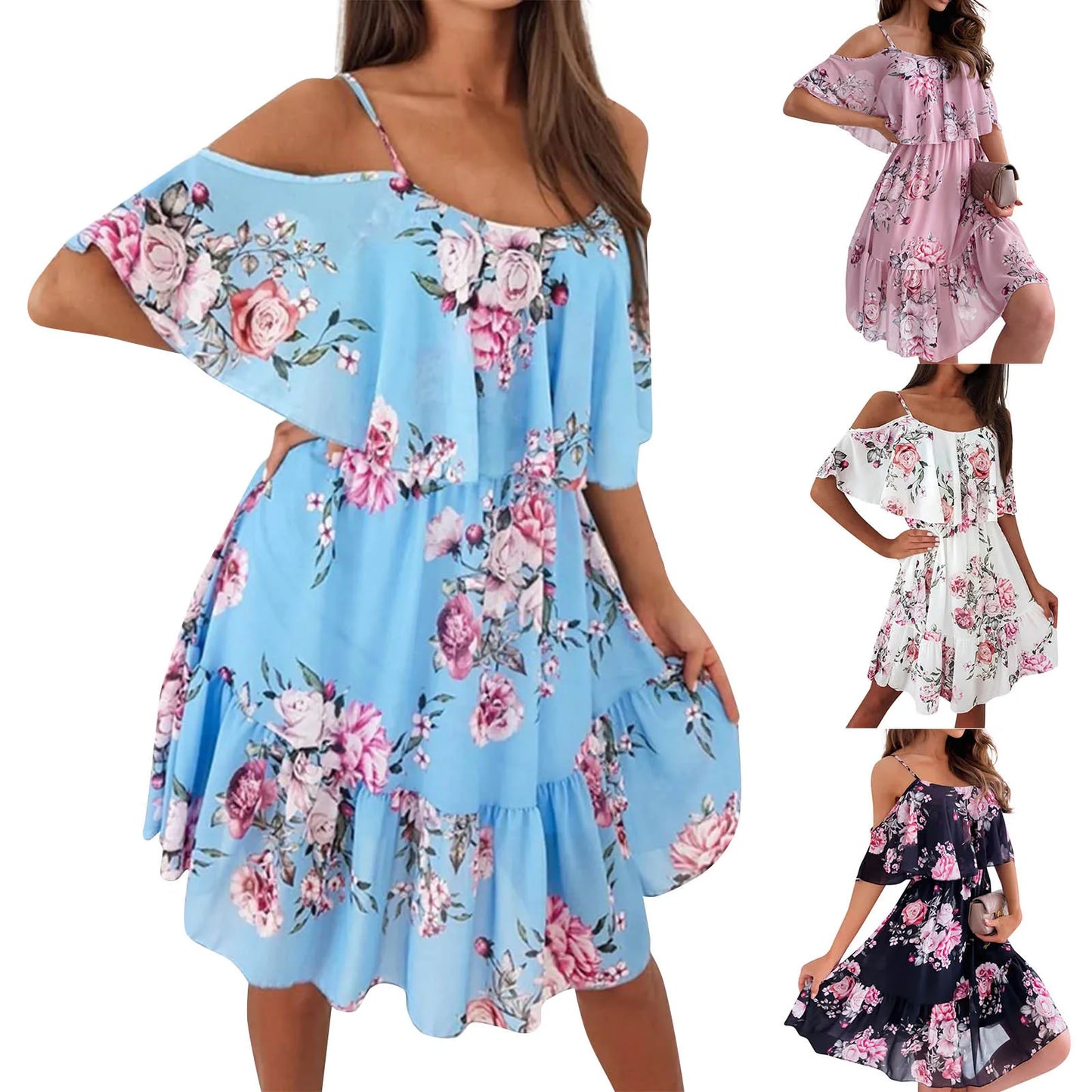 Women'S Spring/Summer New 2024 European And American Chiffon Printing Sexy Off Shoulder Strap Large Swing Ruffle Edge Dress