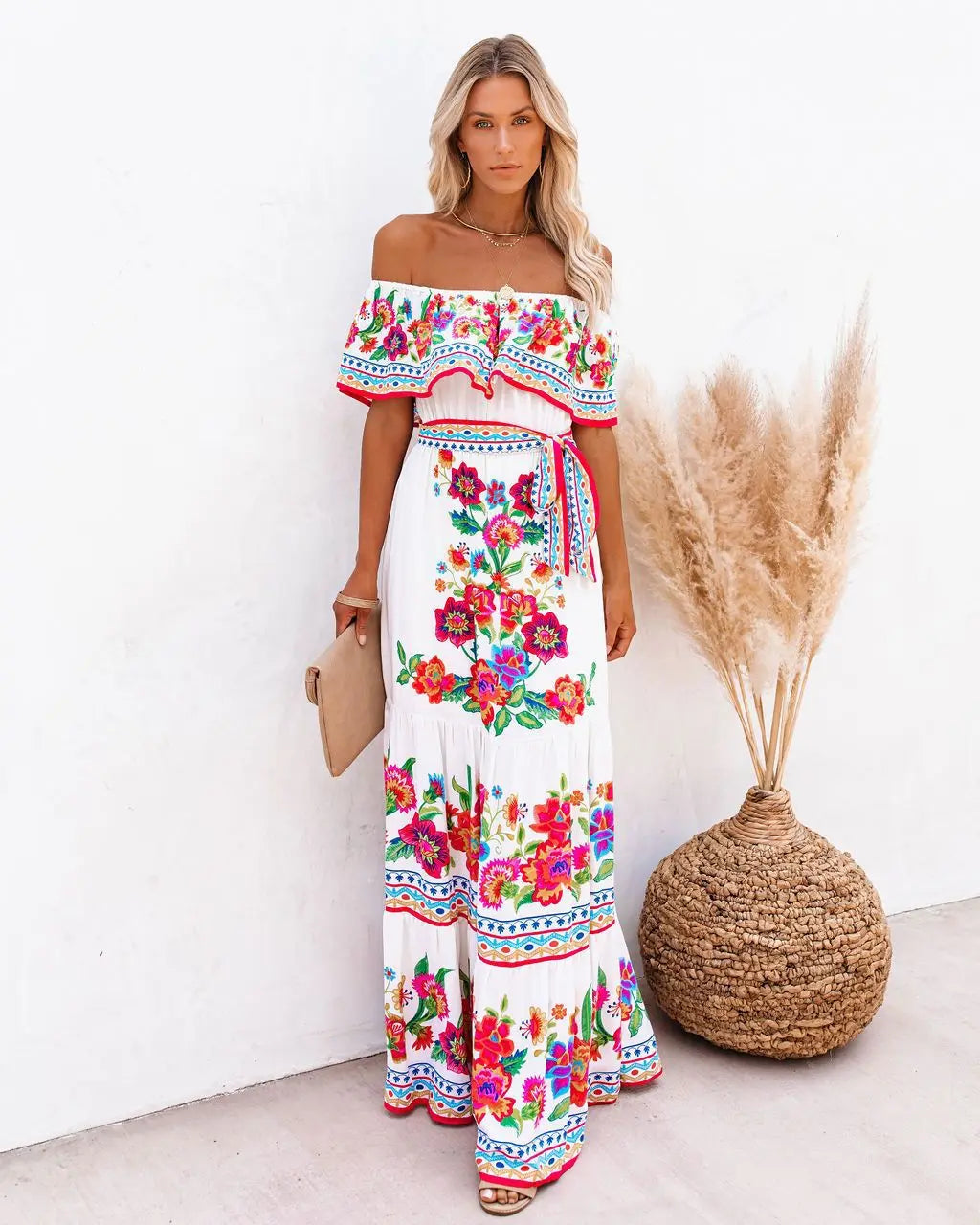 2024 Spring Summer Women's New Sexy One Shoulder Off Shoulder Fashion Red Flower Printed Lace Up Waist Long Swing Dress