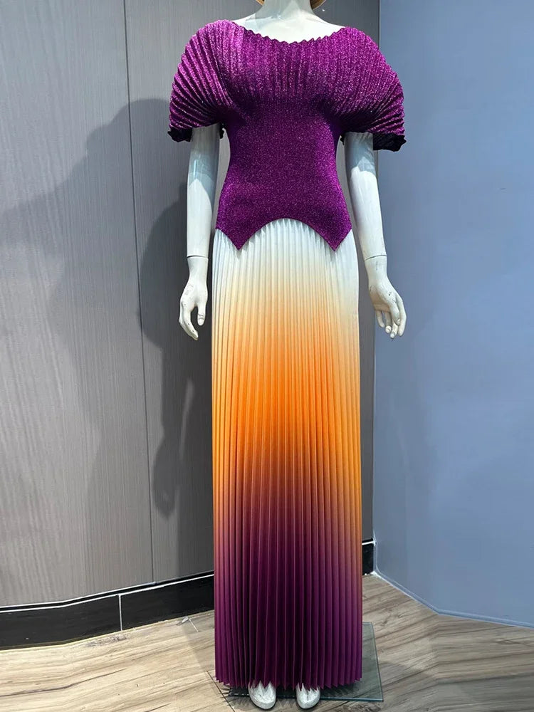 ANLAN Pleated 2 Pieces Set Women Fashion V Neck Short Batwing Sleeves Irregular Hem T-shirt&New Gradient A-line Folds Long Skirt