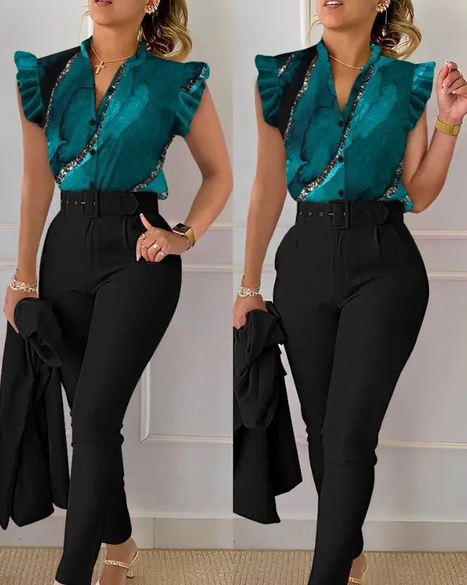 Two Piece Sets Womens Outifits 2023 Summer Fashion Geometric Print Flutter Sleeve Stand Collar Top & Pocket Pants Set with Belt