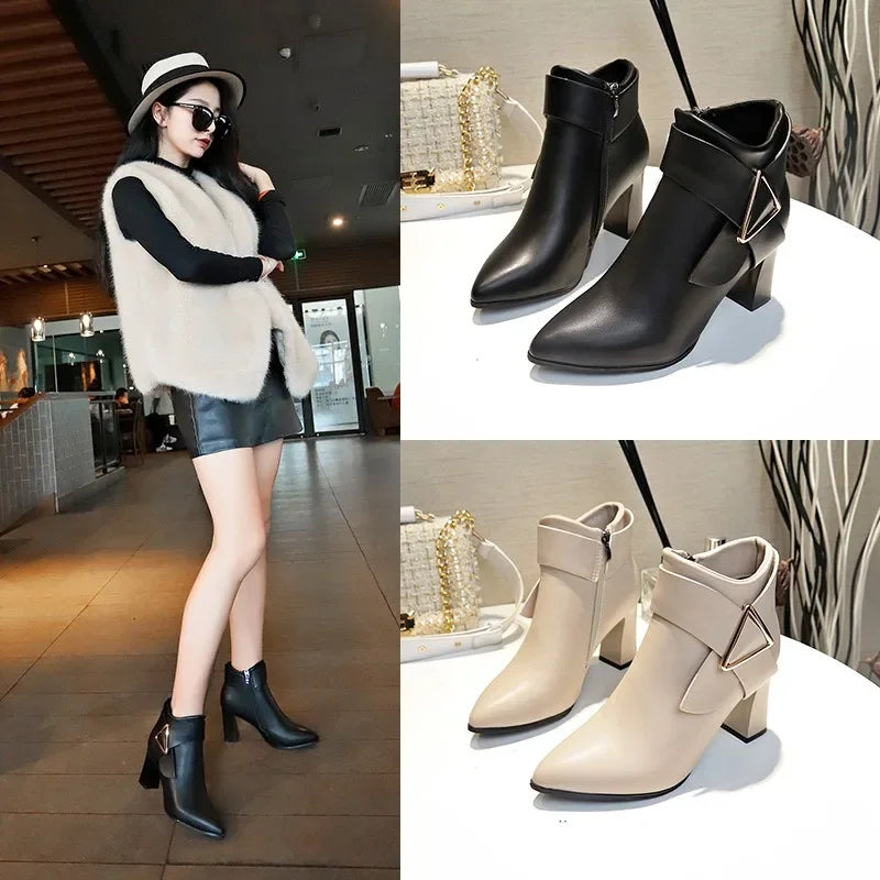 Women's Sexy Heels 2024 Autumn Winter Platform Buckle Pointed Ankle Boots Fashion High Quality Designer Women's Boot Botas Mujer