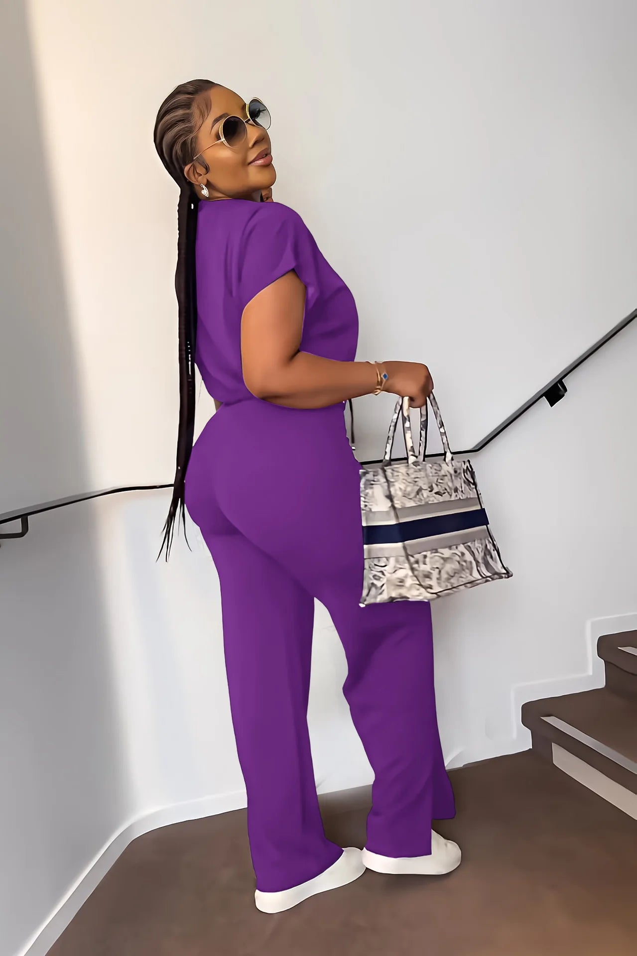 Women Casual Round Neck Drawstring Short Sleeve Top & High Waist Pants Set Summer Solid Two Piece Suit Sets Outfits Set Female