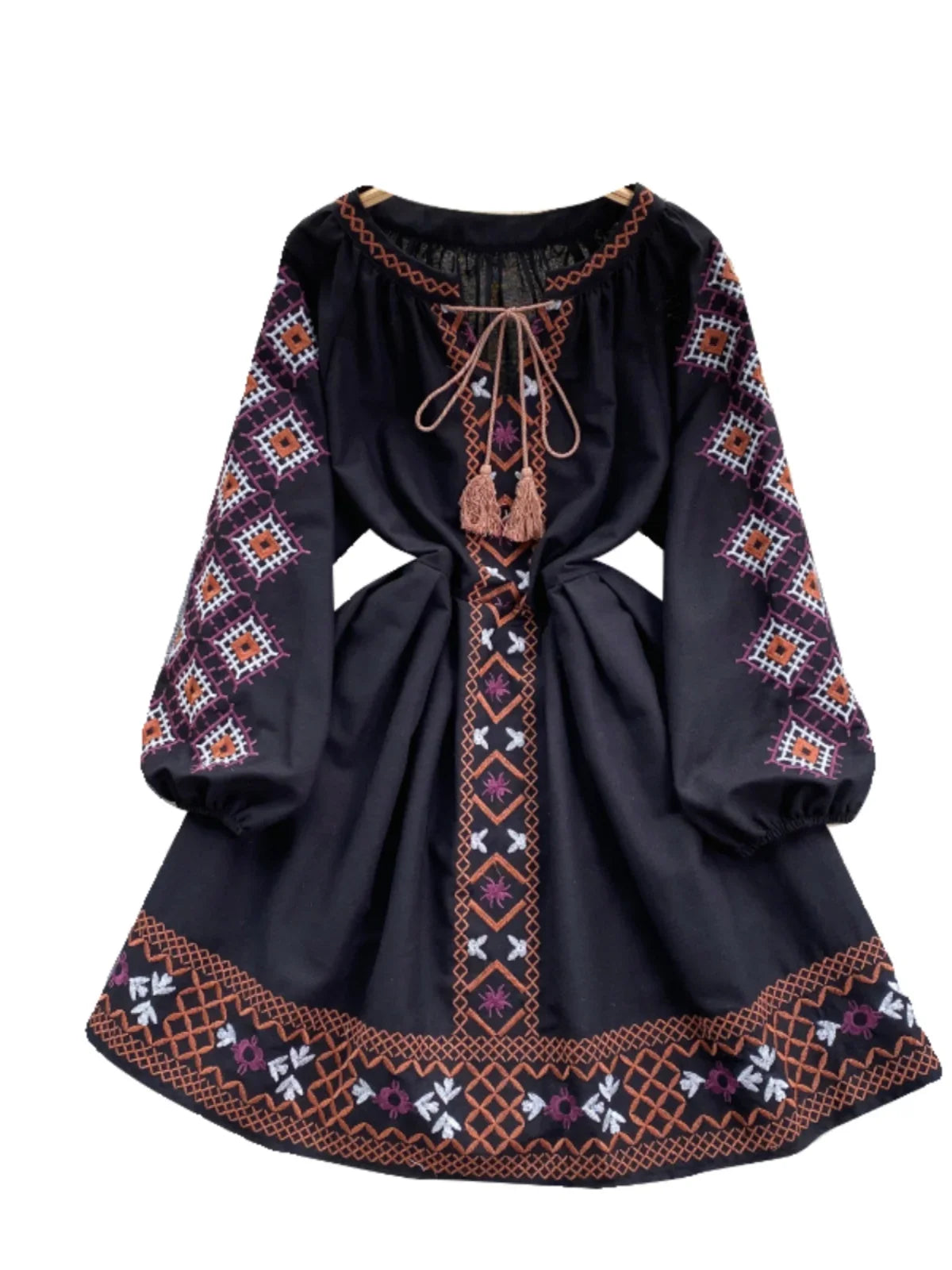 Women's Spring Dress Bohemian Retro Ethnic Style Diamond Cotton Linen Blend Embroidered Lantern Sleeves Mini Dress DS003