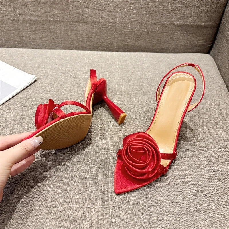 Liyke Summer Fashion Silk Rose Flowers Pointed Open Toe Back Strap Sandals Women Red High Heels Wedding Prom Shoes Zapatos Mujer